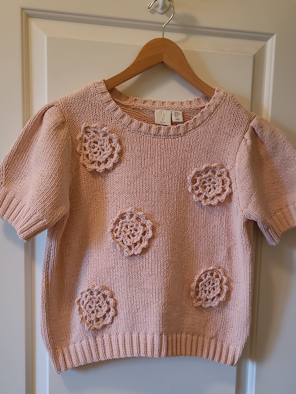 Joie Pink Floral Knit Short-Sleeve Sweater Top